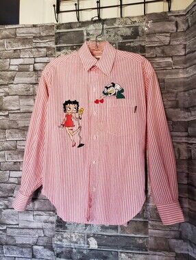 Vintage Too Cute Betty Boop Embroidered Button-up Shirt Pink Stripes Size Small